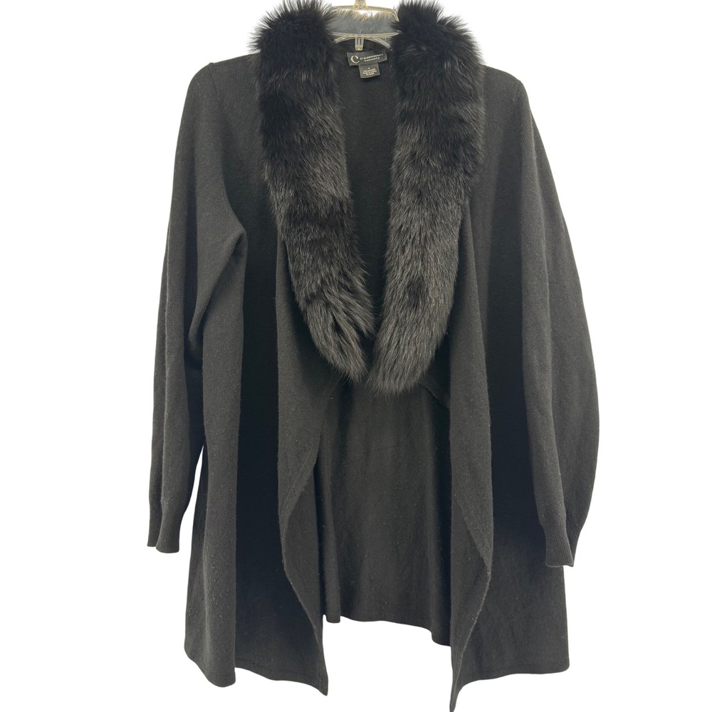 C by Bloomingdale's Cashmere Cardigan Women Medium Black Fox Fur Trim Open Front